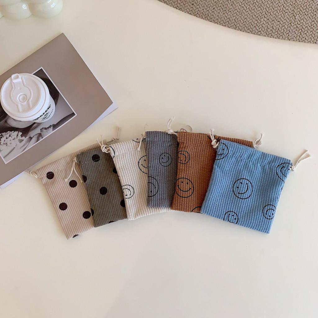 Vintage Corduroy Drawstring Cosmetic Bag Adorable Smiley Face Organizer Pouch