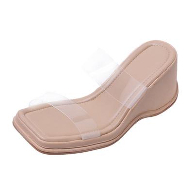 Fashion Slope Heel Slipper Women Summer 2024 New Korean Square Head Transparent Flip-flops Loose Cake Outside Wear Slippers Women