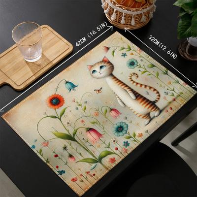Set of 4 Vintage Cat Garden Placemats Linen Floral Print Table Mats For Dining Kitchen Home Decor Cat Lover Gift