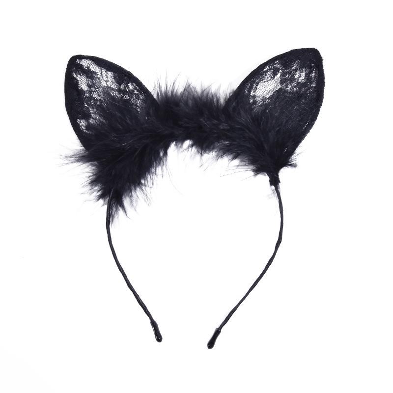 Lace Cat Ears Feather Headband for Christmas & Party Performances