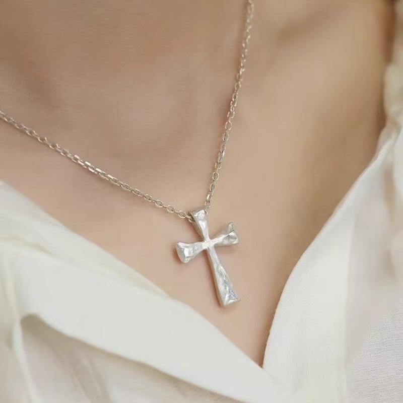 Silver Cross Necklace, Neutral Versatile Hand-Beated Cross Pendant