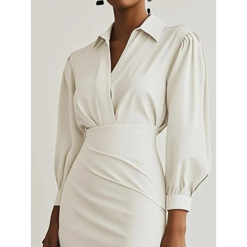 Women's V-Neck Ruffle Dress, Belted Waist Solid Color Midi Dress with Elegant Pleats, Office Casual Slim Fit Long Dress for Versatile Styling