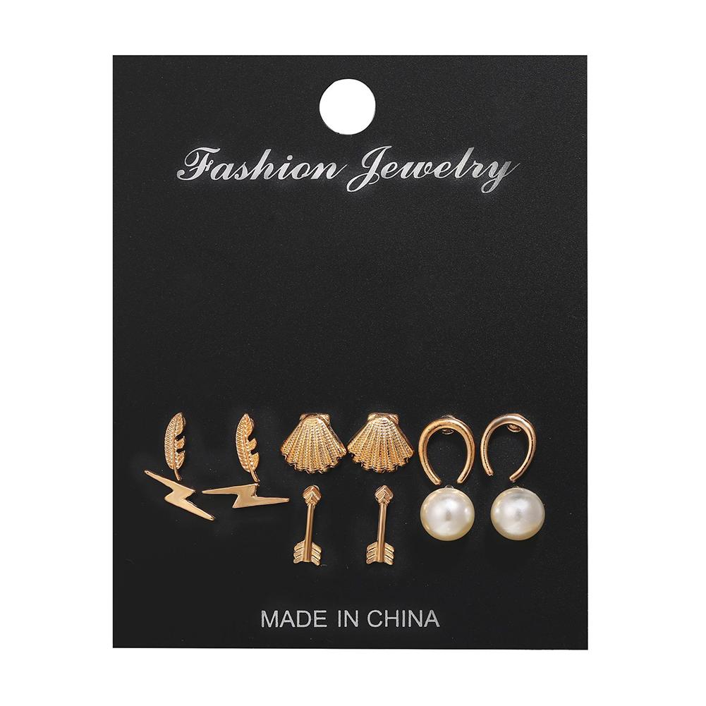 6 pairs/Set Simple Alloy Retro Shell Feather Fashion Earrings Set