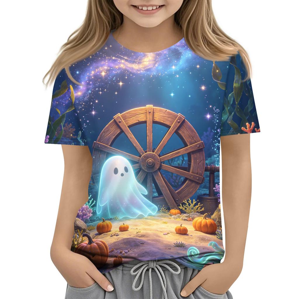 Kids Halloween Print Short Sleeve T Shirt Casual Crew Neck Top Boys Girls Comfortable Fit Soft Fabric Suitable for Everyday Wear