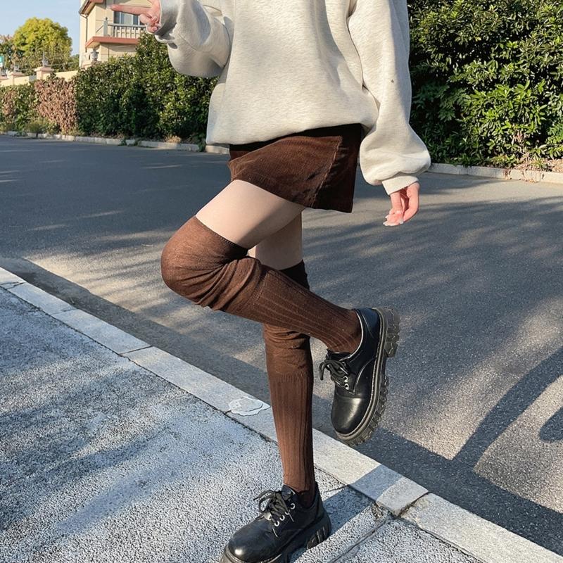 Japanese Women Elastic Over Knee Socks Student Slouch Top Rib Knit Long Stocking