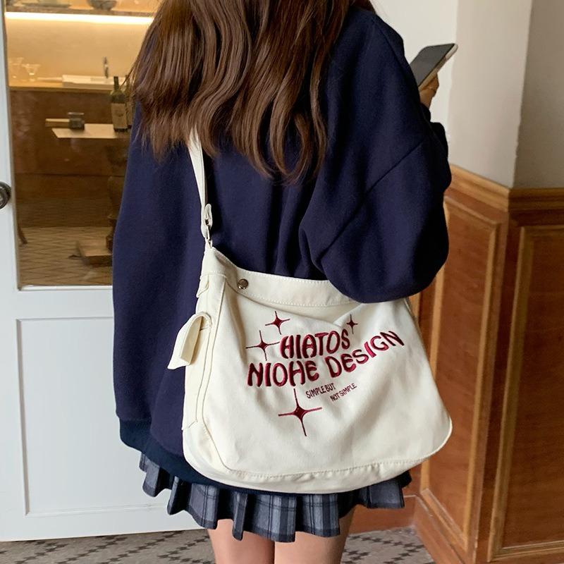 Canvas bag female college student class lazy wind large capacity shoulder crossbody niche letter embroidery tote bag