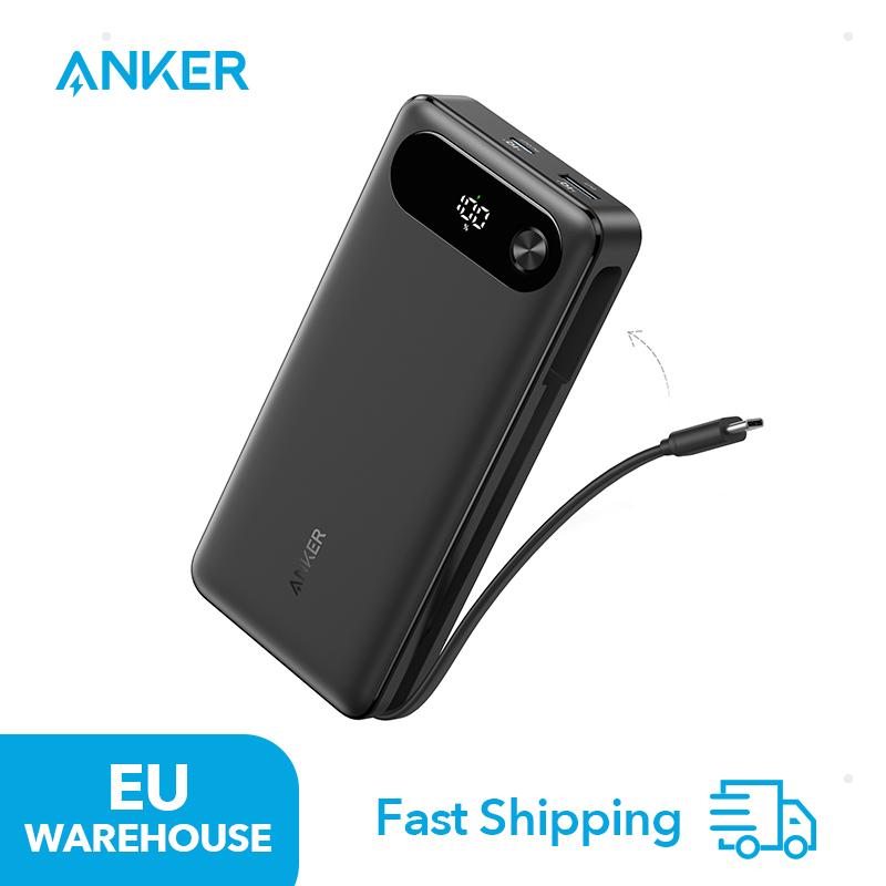 Anker power bank, 20,000 mAh portable charger with built-in USB-C cable, 87W Max Quick Charge Battery, 2 USB-C and 1 USB-A nero
