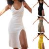 Women's Crochet Bodycon Dress Summer Knit Sleeveless Tank Dress High Slit Midi Dress Beach Cover Up Hollow Out Sundress
