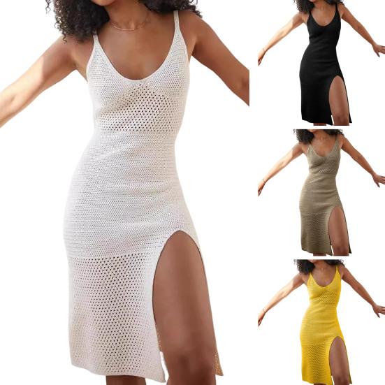 Women's Crochet Bodycon Dress Summer Knit Sleeveless Tank Dress High Slit Midi Dress Beach Cover Up Hollow Out Sundress