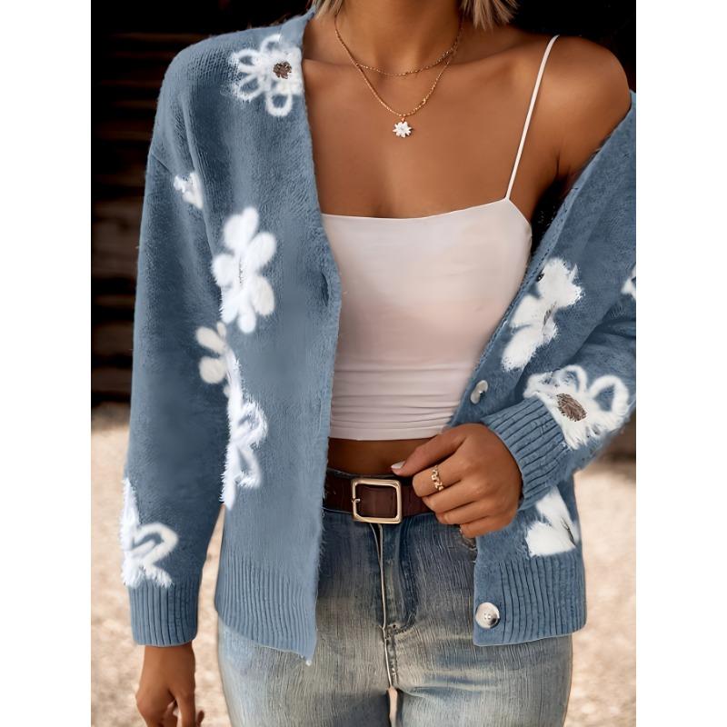 Floral Pattern Button Front Cardigan, Casual V Neck Long Sleeve Cardigan for Fall & Winter, Women's Clothing