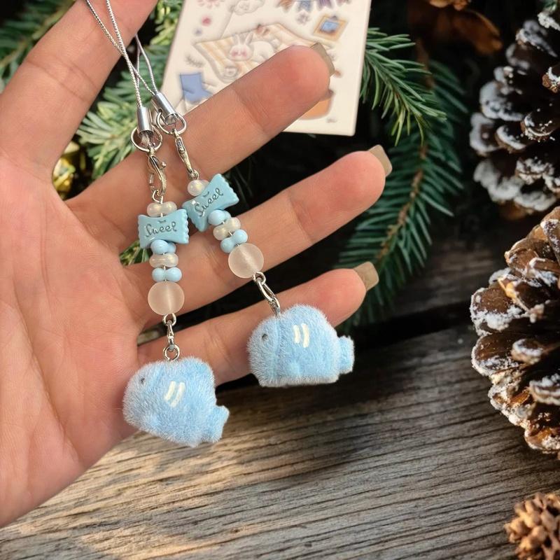 Cute Cartoon Flocking Small Fish Bead Pendant Keychain Beaded Mobile Phone Chain Ornament Decoration Accessories Gifts
