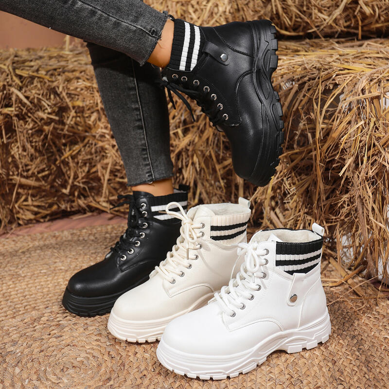 Warm Short Plush Thick Bottom Ankle Boots Women  Winter Punk Rivet Pu Leather Black Motorcycle Boots Lace Up Short Booties