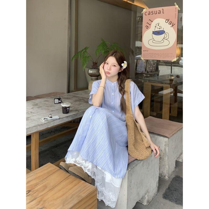 Large size college style sweet stacking suit women's summer 2026 striped shirt dress wide-leg pants skirt two-piece set