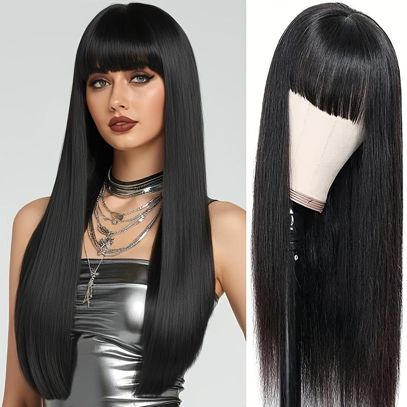 26 Inch Black Straight Synthetic Wig with Bangs, High Density - Natural Looking, Great for Women, Perfect for Daily Wear, Music