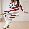 Women Plus Size Half Zip Long Sleeve Printed Eagle Star Stripe Two Piece Set Longline Top Fitted Pants