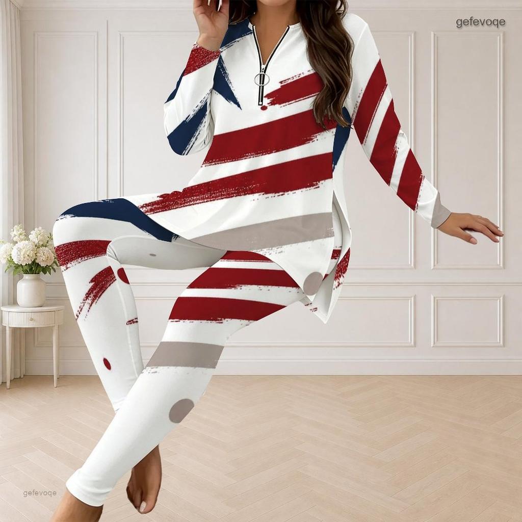 Women Plus Size Half Zip Long Sleeve Printed Eagle Star Stripe Two Piece Set Longline Top Fitted Pants