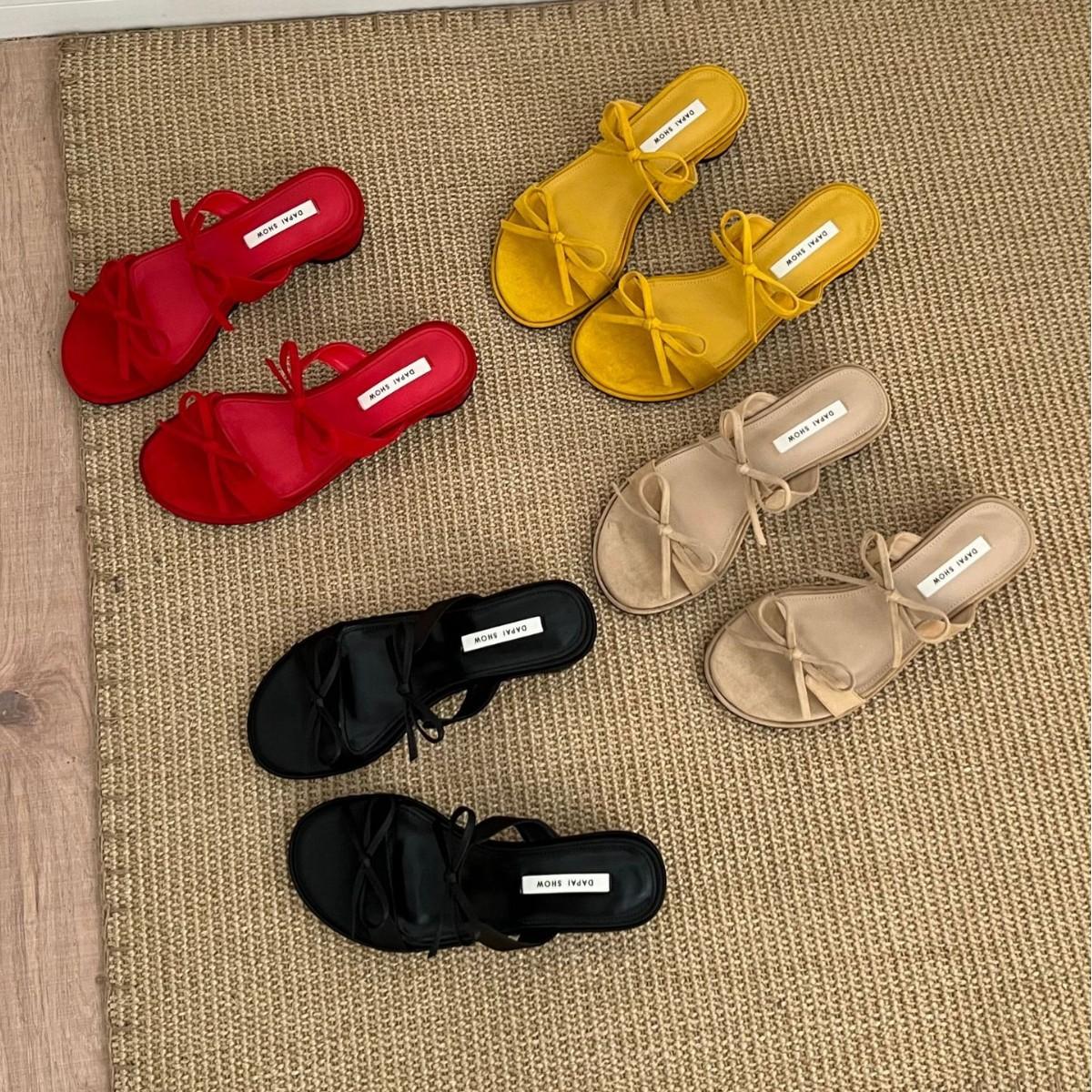 

Summer 2025 new round head bow thick heel wear half drag Roman holiday women s sandals 39 жёлтый