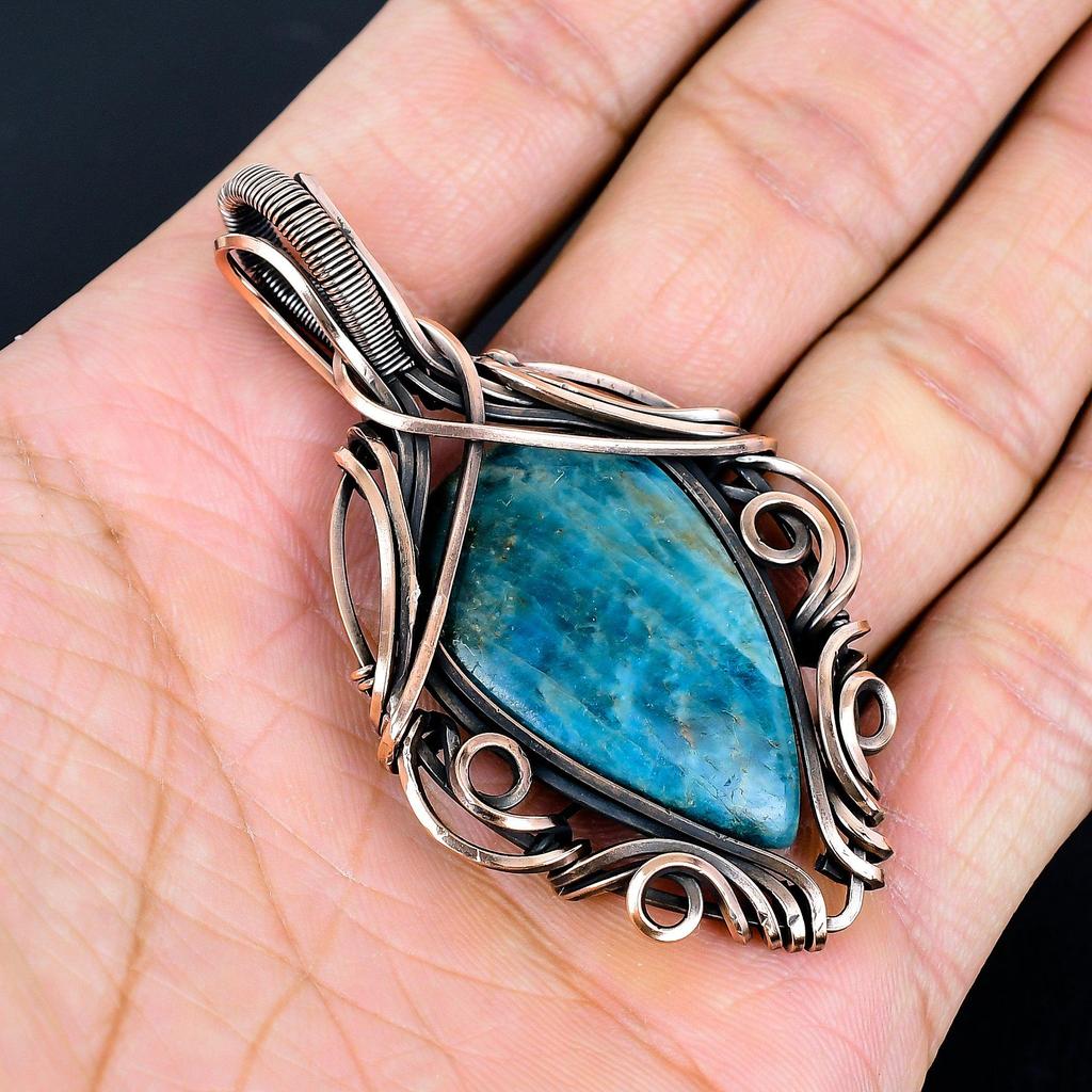 Neon Apatite Pendant, 999 Copper Wire Wrapped Pendant, Handmade Gemstone Pendant Jewelry, Gifts For Wife Brand New Pendant