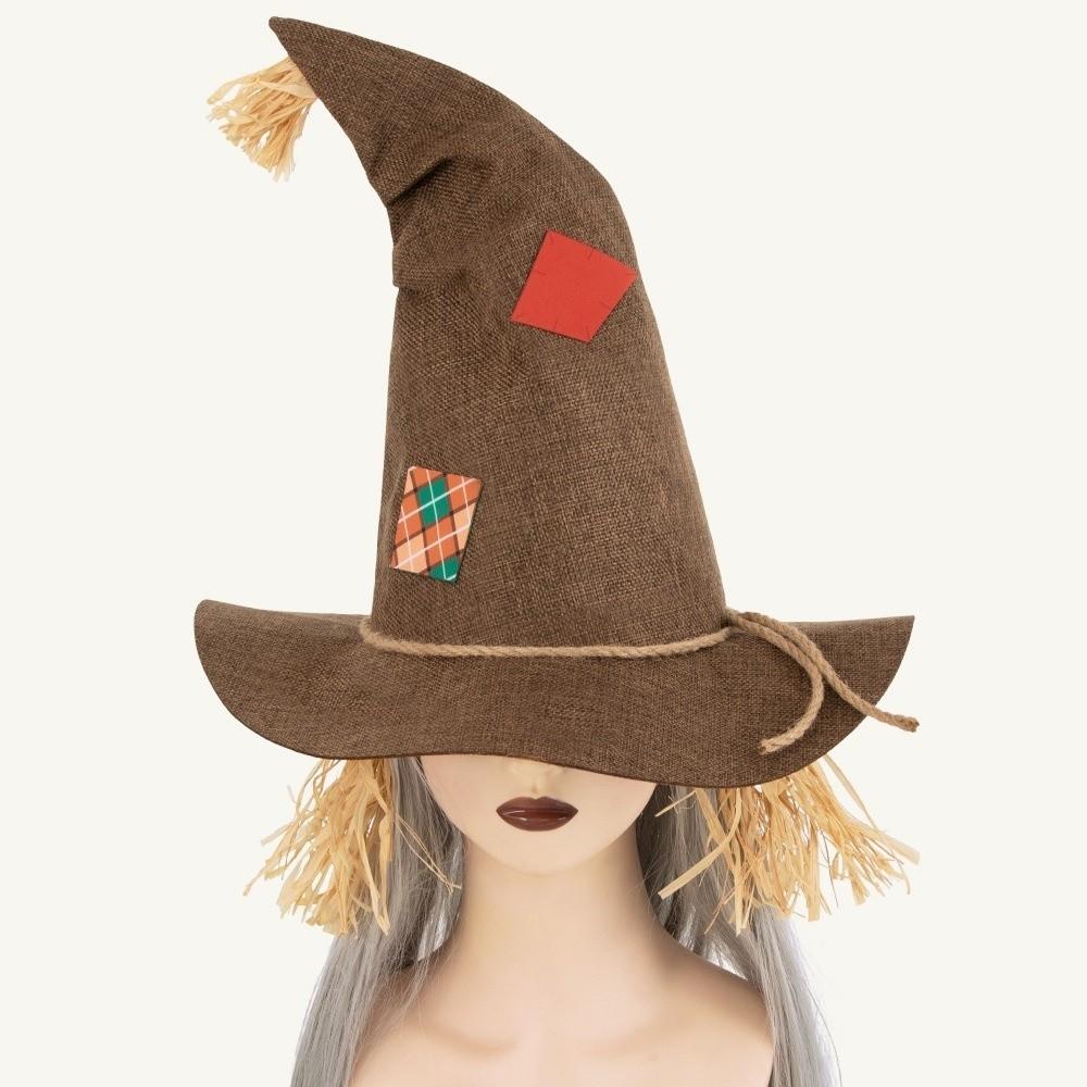 Decoration Props Vintage Straw Witch Hat Creative Foldable Cosplay Hat with Patches Spooky Witch Cap Carnival Festival