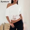 Spitzen Patchwork Sexy Mädchen Top Damen Herbst Kurzarm T-Shirt Rundhalsausschnitt Raffung Cami Crop Top