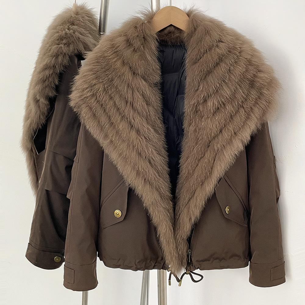 New natural fox fur collar large lapel fur jacket women's winter white duck down jacket Parker fur
