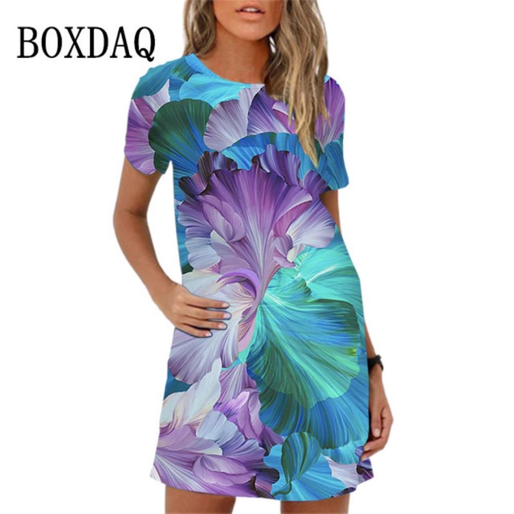 

2025 Весна Лето Новое 3D Принт Бабочка Цветок Короткий Рукав Мини Платье Женщин Повседневный А-силуэт Платье Женская Одежда 6XL