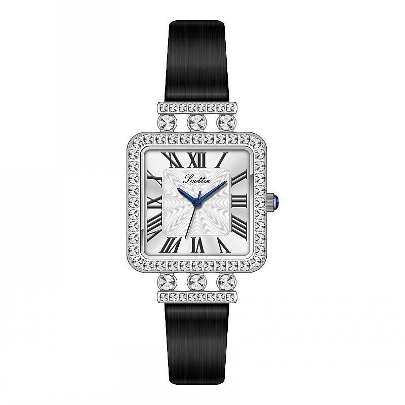 Stylish And Simple Temperament Women'S Watch With Diamonds Roman Square Personalized Watch Women'S Silver Case Black Strap