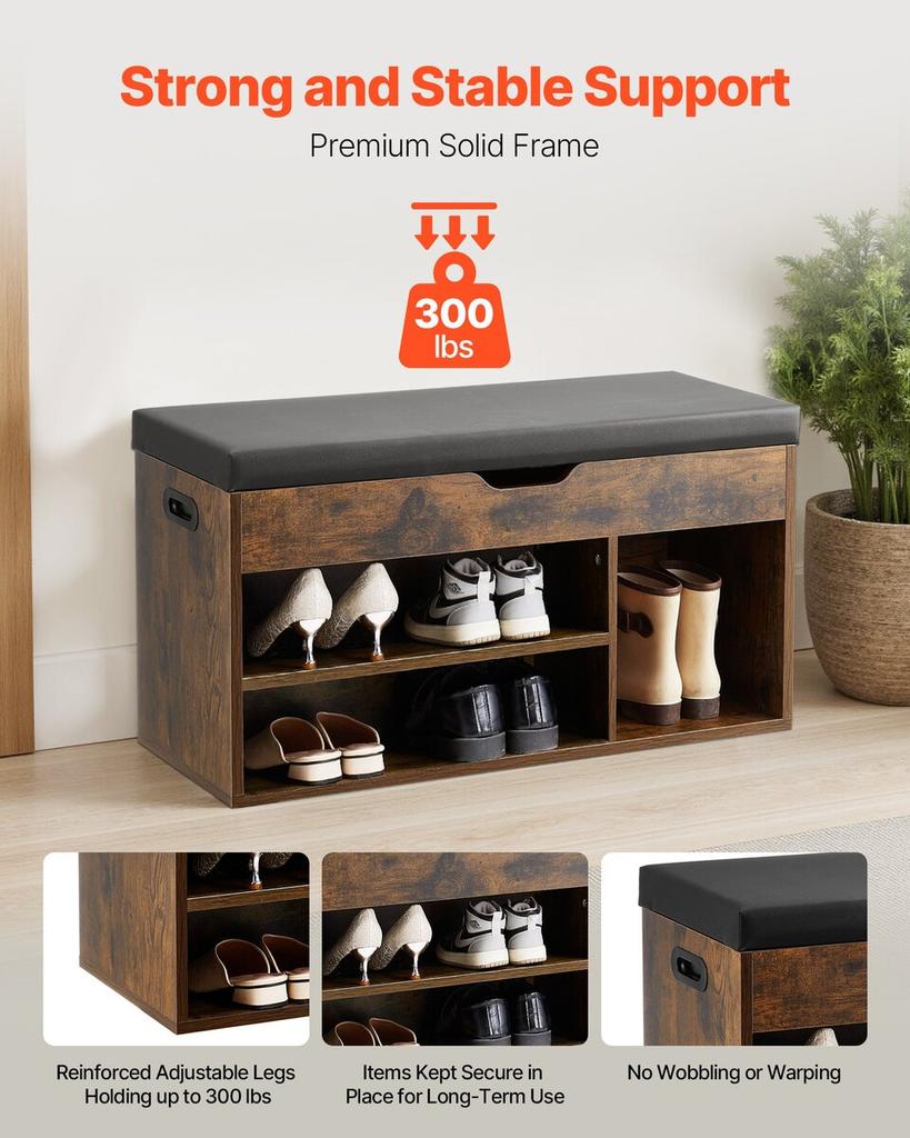 Eingangsbereich Schuhbank, 805 x 305 x 445 mm Schuhaufbewahrungs-Organizer mit verstecktem Klappdeckel-Stauraum, Bank mit 300 lbs Tragkraft, Polstersitz und 3 Schränken für