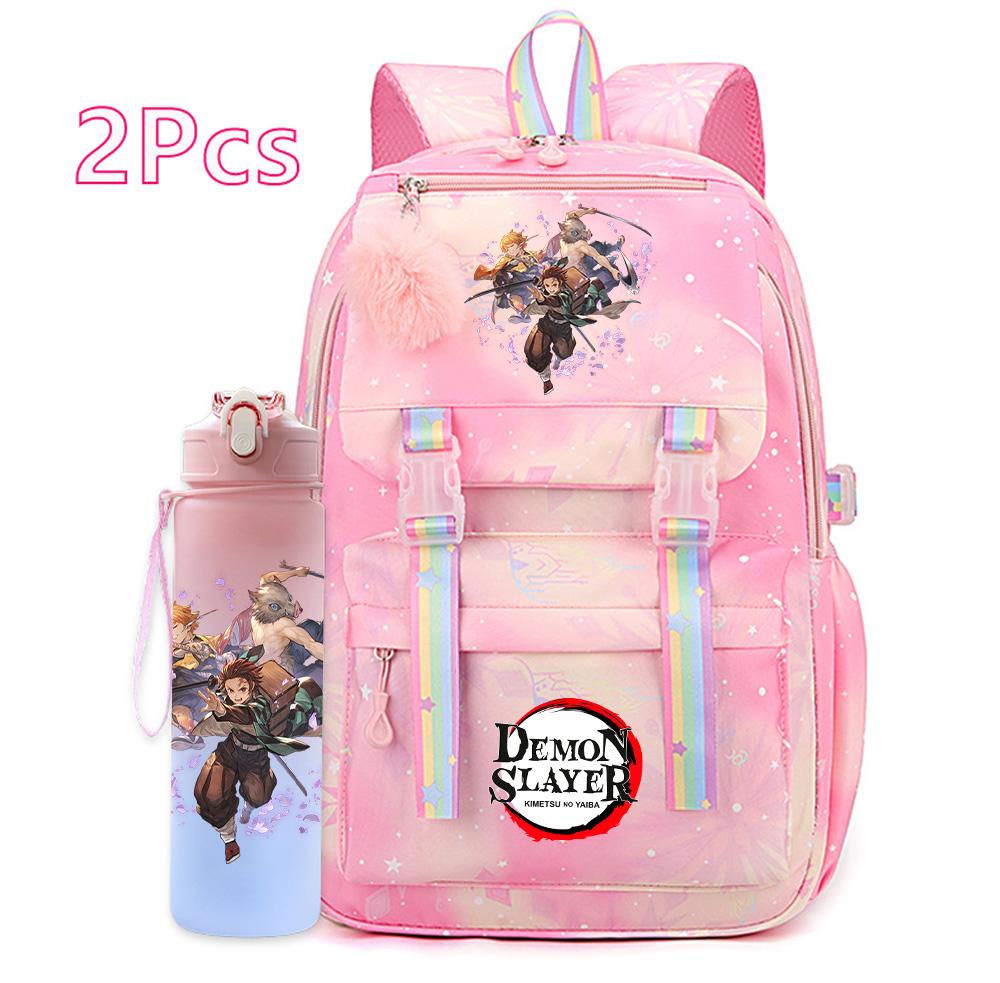 2Pcs/set Cartoon Demon Slayer Printed Backpack with 750Ml Water Bottler for Teenager Bookbag Large Capacity Waterproof Travel Bag