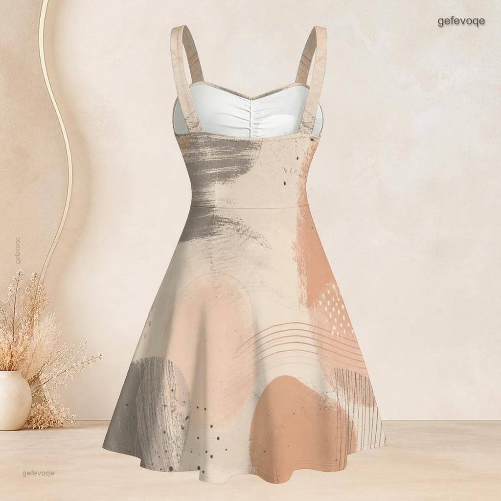 Women Plus Size Strappy Off Shoulder Sleeveless Square Neck Dress Printed Off White Blue Beige Fitted Waist Flared Hem