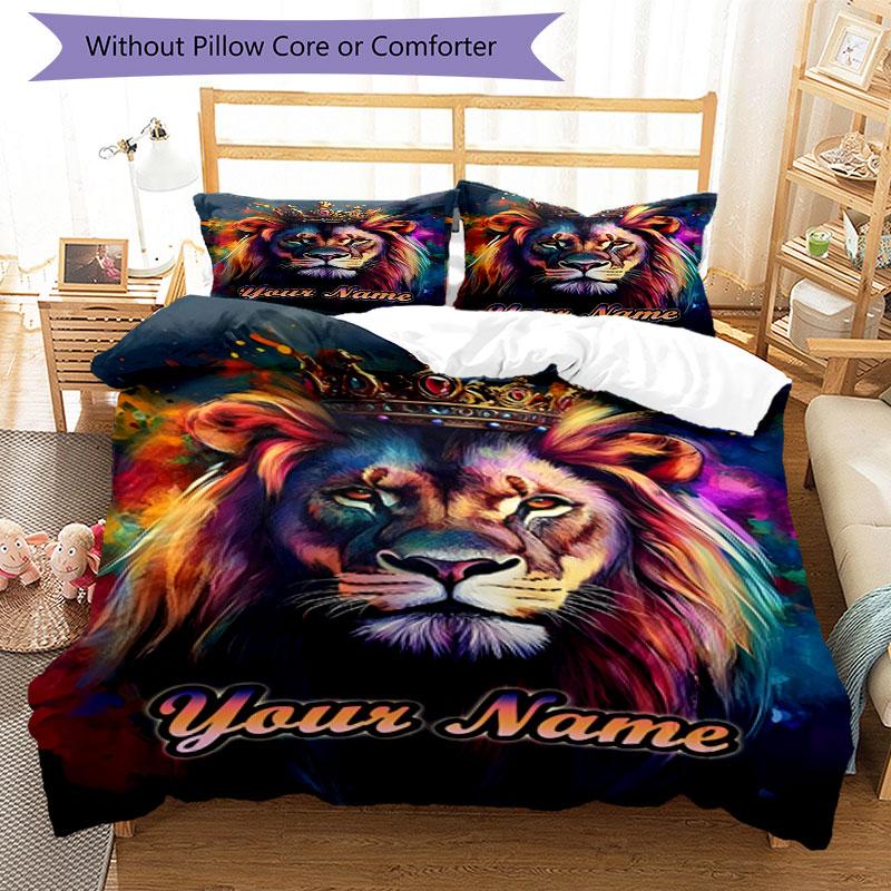 3PC Custom Name Royal Lion Majesty Bedding Set Duvet Cover Closure Includes 1 Duvet Cover & 2 Pillowcases for Bedroom