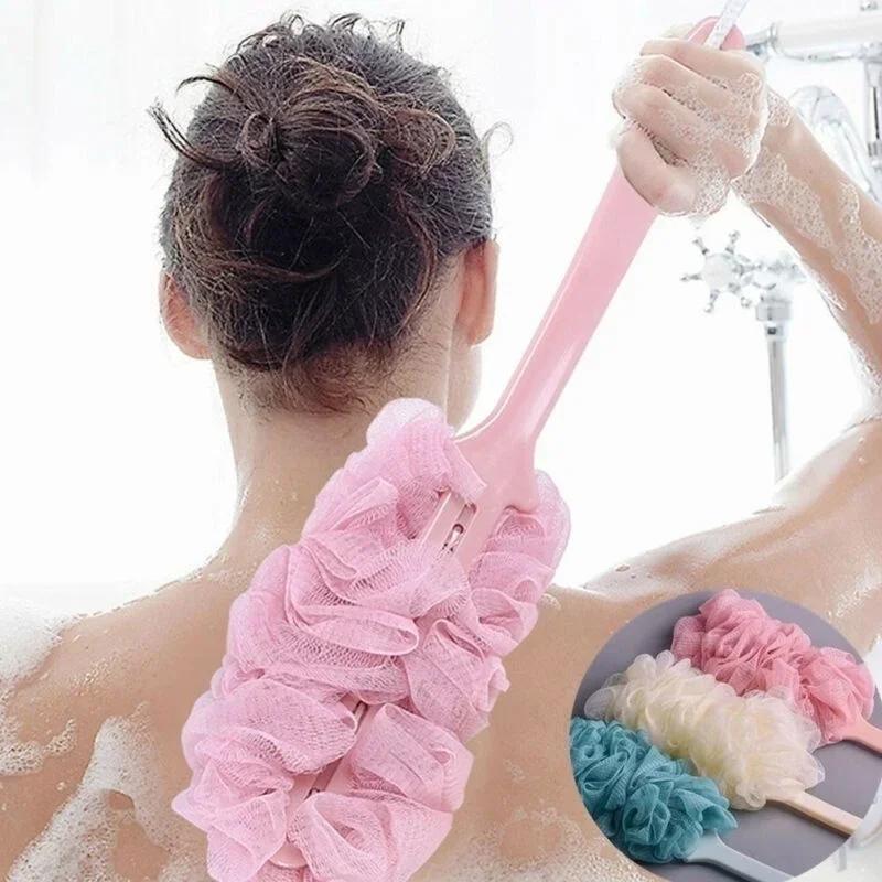 Home Bathroom Long Handle Shower Brush Back Bath Shower Scrubber Body Soft Mesh Scrub Powder Puff Clean Own Bath Back Brush Tool