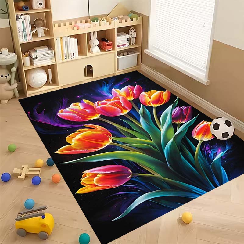 Luxurious Vintage Tulip Floral Pattern Floor Mat, Non-slip, Machine Washable, Suitable for Living Rooms, Bedrooms, and Home Déco