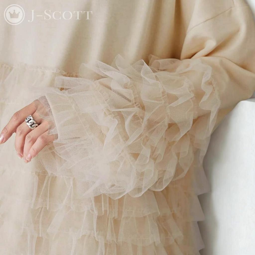 Tulle Frill Pullover Tunic Round Voluminous Ivory Limited Stock J-Scott Women's Sweatshirt, Length, Neck, Sleeves, (JS158-IV-S) -