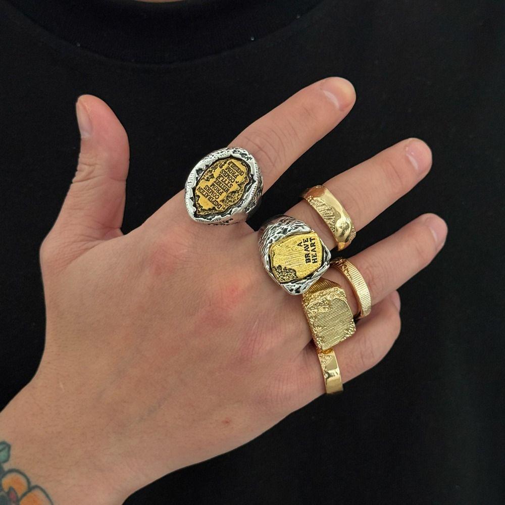 Finger Rings Sets 6Pcs/Set Geometric Open Rings Alloy Adjustable Men Rings Wide Opening Thick Irregular Letter Rings Women