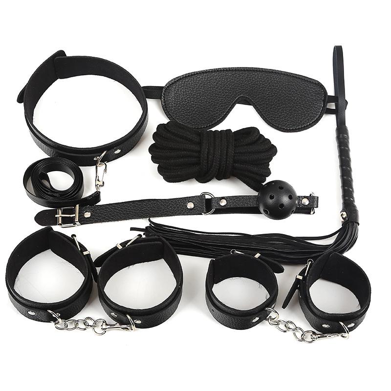 EM41 Leather 7 PCS SM Erotic Toy Set Couple Flirting Bondage Binding Kit Handcuffs Mouth Ball Gag Collar Whip Sex Toys