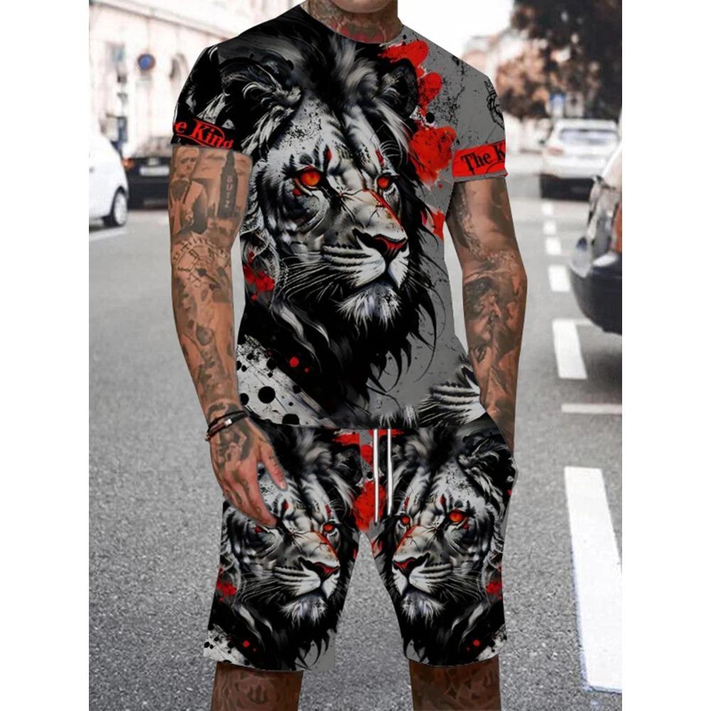 Men's Summer Casual Everyday Short Sleeve and Shorts Set Cool The Lion King Print T-Shirt and Drawstring Short Set Men's Set