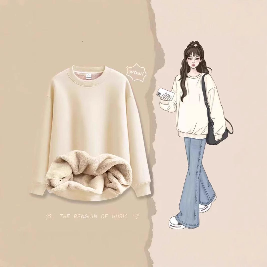 

Унисекс Свободный Минималистичный Флисовый Свитшот из Овечьей Шерсти - Теплая Зимняя Куртка с Круглым Вырезом Double Extra Large бежевый