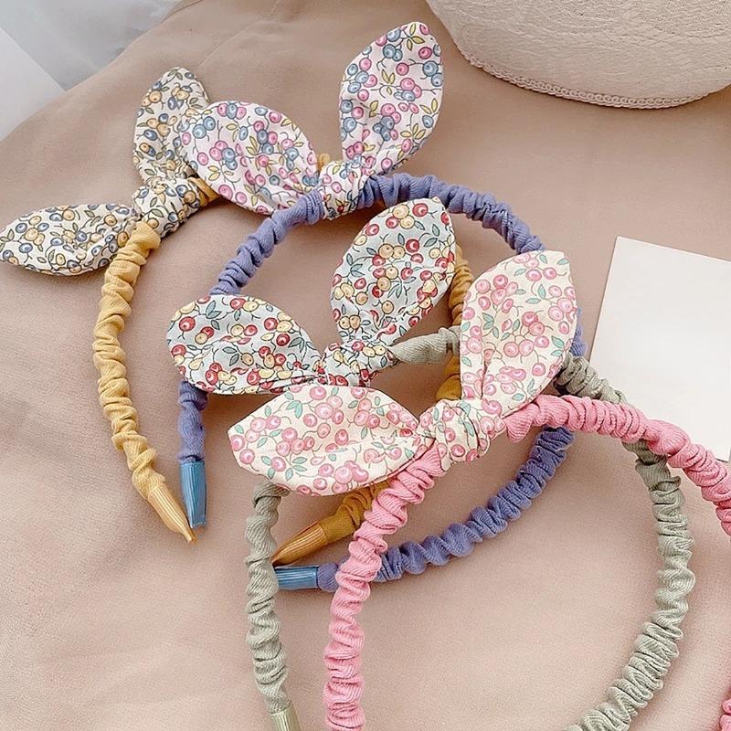 Retro Flowers Print Kids Hairband Bowknot Headband Cloth Rabbit Ears Women Girls Accessories Head Hoop