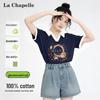 La Chapelle Women's Cotton Color-Block V-Neck T-Shirt