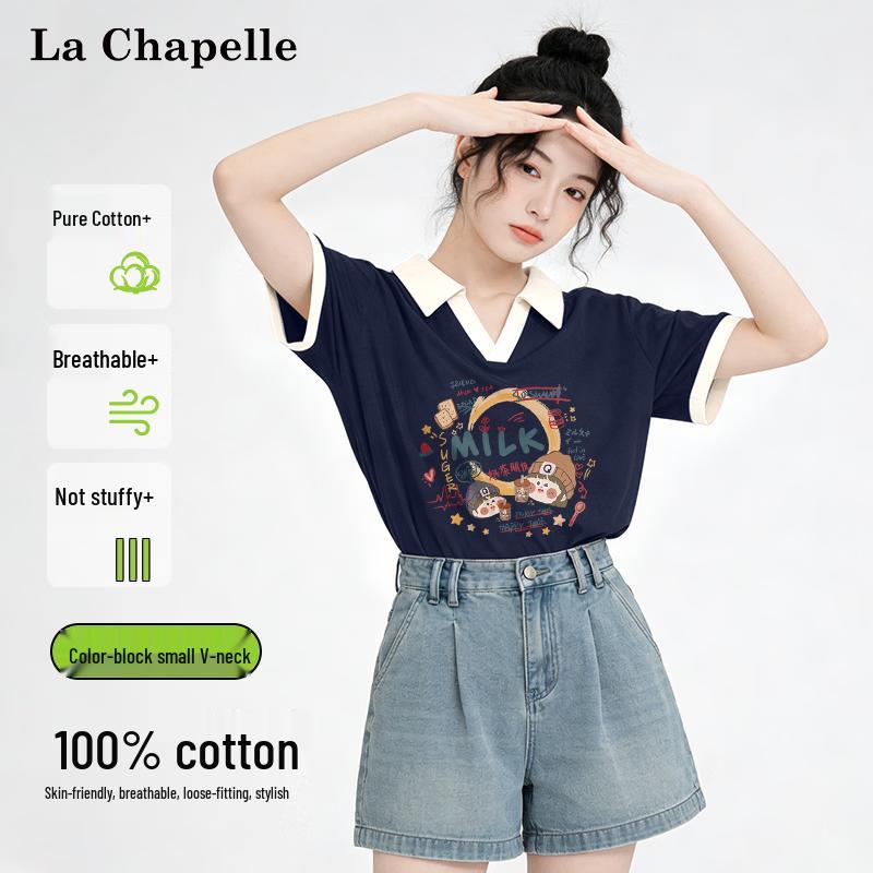La Chapelle Women's Cotton Color-Block V-Neck T-Shirt