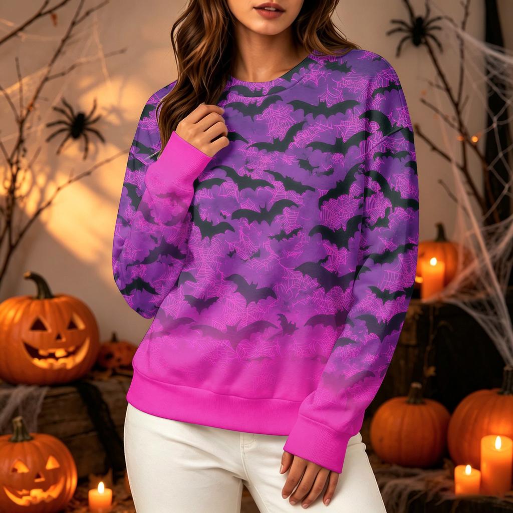 Women's Halloween Print Long Sleeve Pullover Hoodie Casual Round Neck Top