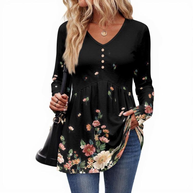 Retro Floral Print Long Sleeve Top Women Casual V Neck Button Blouse