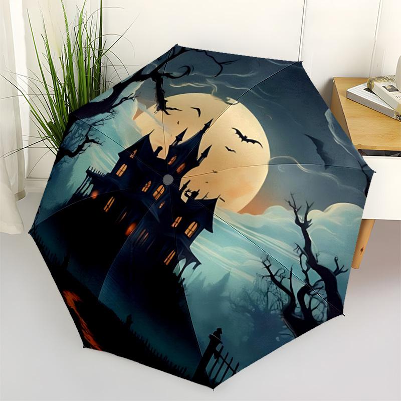 1pc Haunted House Moonlit Night Automatic Folding Umbrella, Lightweight Retractable Compact Travel Umbrella, 8-Rib Sturdy Frame, Fine Outdoor Umbrella