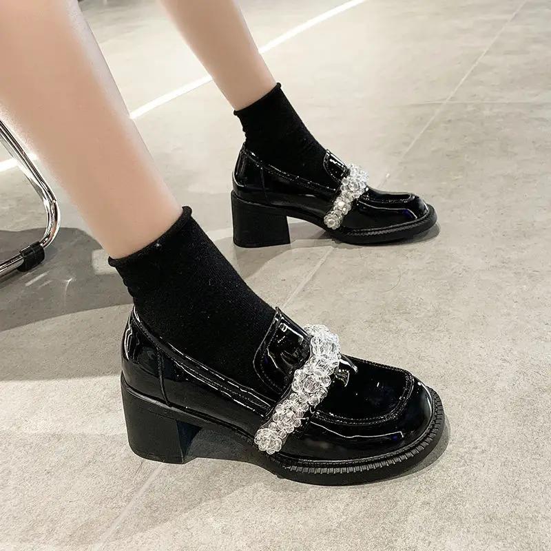 Fashion Block Heel Diamond with Crystals Rhinestone Square Toe Chunky Heels Women's Shoes Loafers on Heeled Ladies Pumps High Chic Point