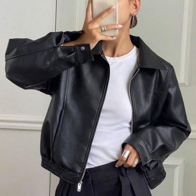 Womens Vintage Brown Leather Jacket Fall Winter Short Cool Biker Coat Petite Women