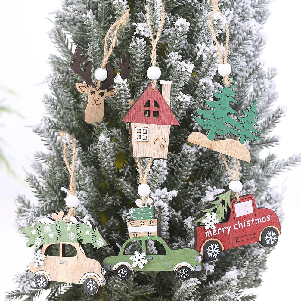 Charming Wooden Christmas Tree Hanging Ornaments Set With Car And Reindeer Designs