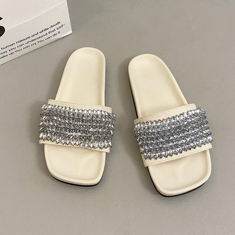 Fashion versatile casual exquisite rhinestone thick-soled one-word slippers women's summer retro temperament open-toed flat-bottomed cool slippers
