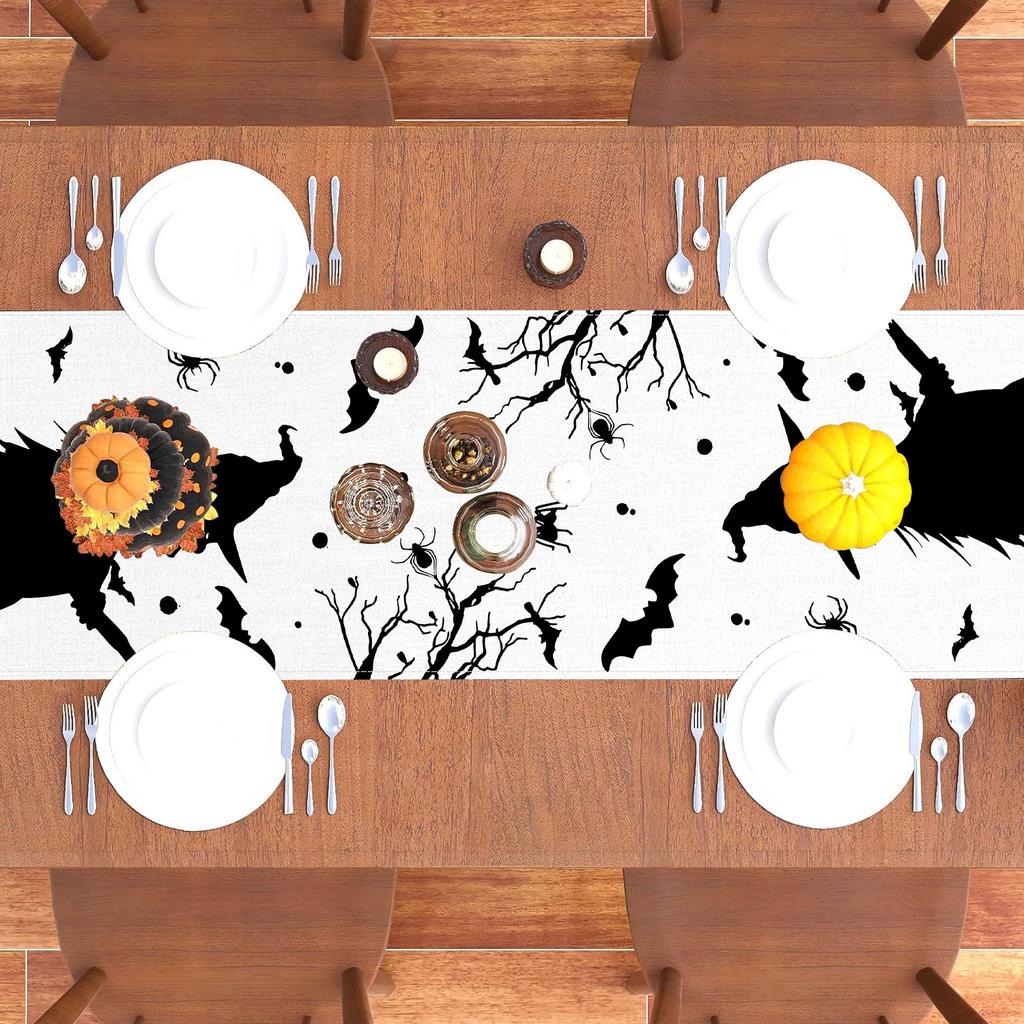 1pc White Black Halloween Table Runner Pumpkin Witch Pattern Dustproof Durable Tablecloth for Halloween Theme Party Decoration