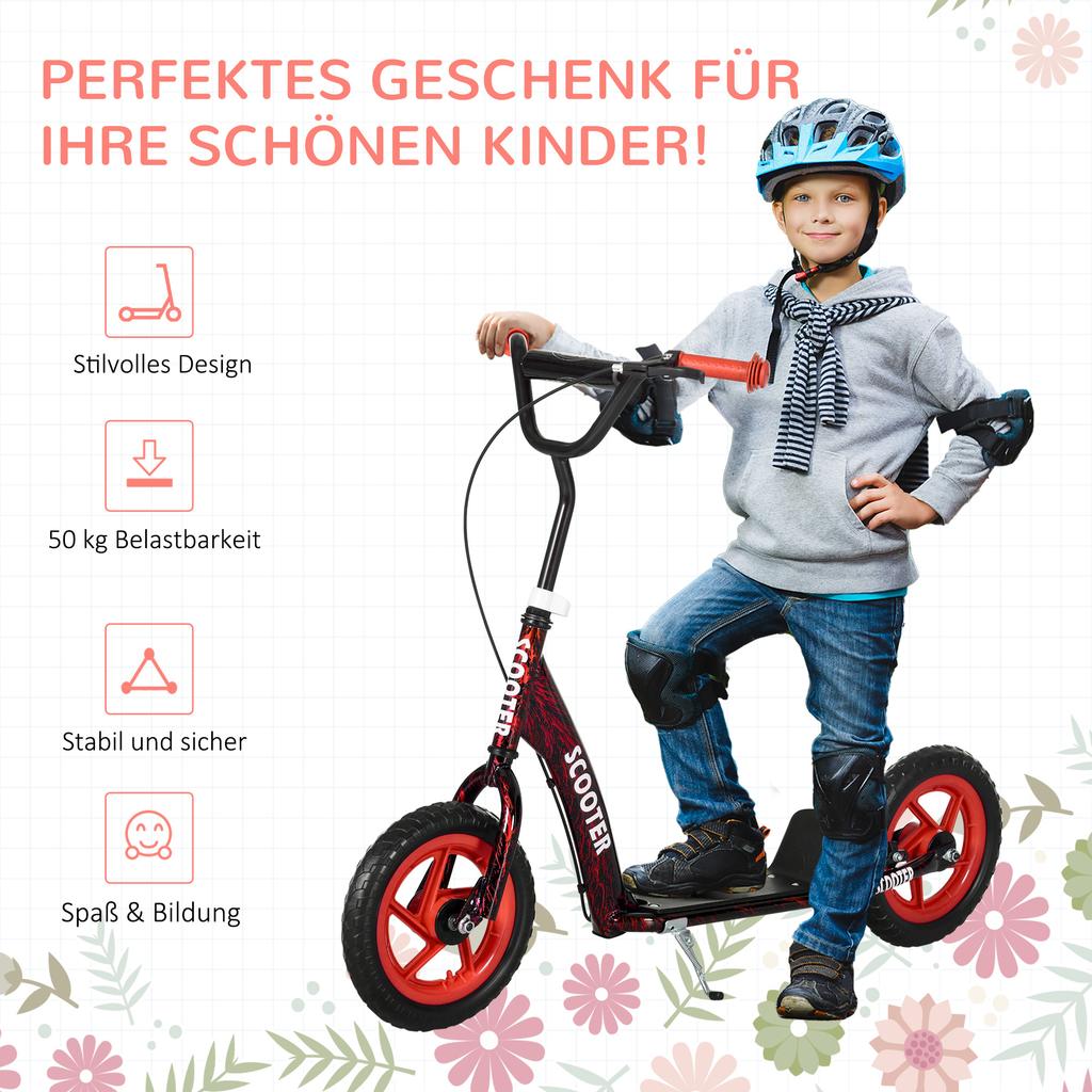 Kinderroller mit verstellbarem Lenker, Kinder-Tretroller mit rutschfester Trittfläche, Hinterradbremse, Ständer, Rot